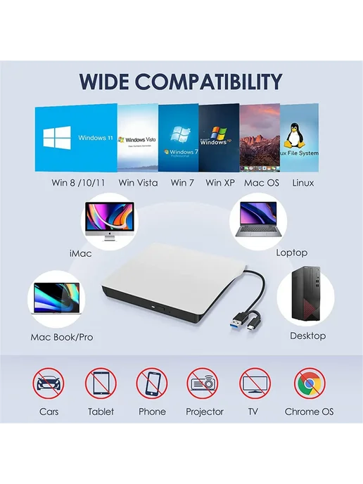 Нет бренда Внешний оптический привод USB 3.0 Slim DVD RW CD, вариант, фото 3