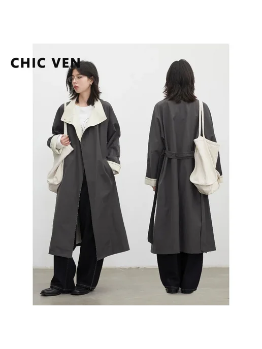 CHIC VEN Новое женское длинное пальто-тренч свободного кроя, серый, фото 2