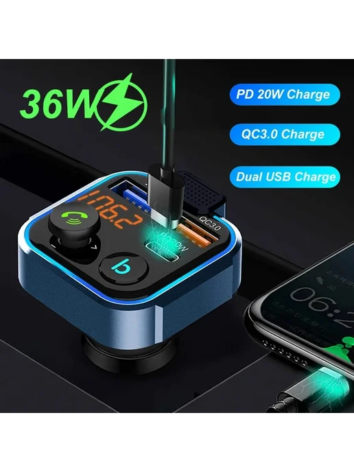 Нет бренда FM-трансмиттер Bluetooth 5.0 С Функцией Громкой Связи, Автом, черный, фото 6