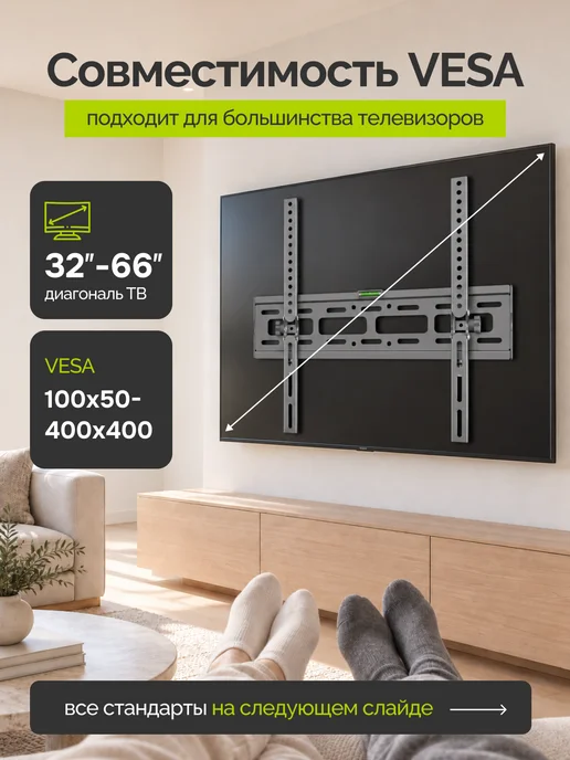 LEONICS Кронштейн для телевизора настенный наклонный 32- 65 дюймов, черный, фото 4