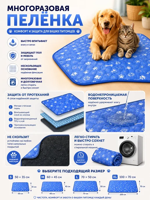 Многоразовые пеленки для собак и кошек, 700×1000 мм, 700x1000 мм, фото 3