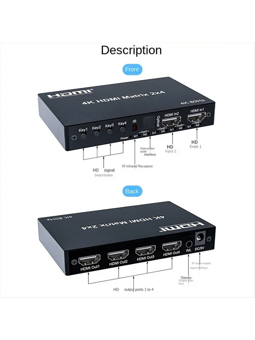 4K60Hz HDMI-совместимый матричный коммутатор 2x4, разветвите…, 2x4