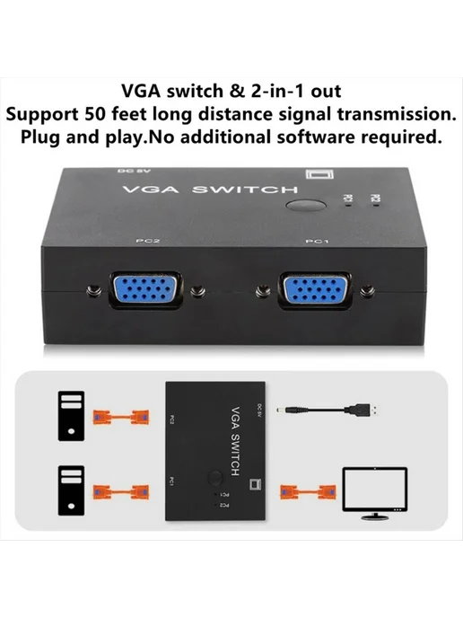 2-портовый VGA-коммутатор, видеоконвертер, кабель VGA, KVM-п…, вариант, фото 2