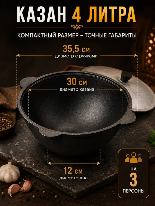 Grand House Казан чугунный узбекский для плова 4 л с крышкой, 4 л, фото 2
