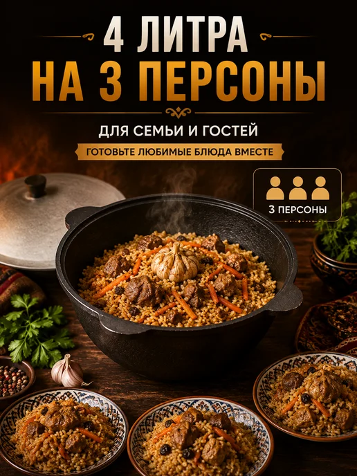 Grand House Казан чугунный узбекский для плова 4 л с крышкой, 4 л, фото 3