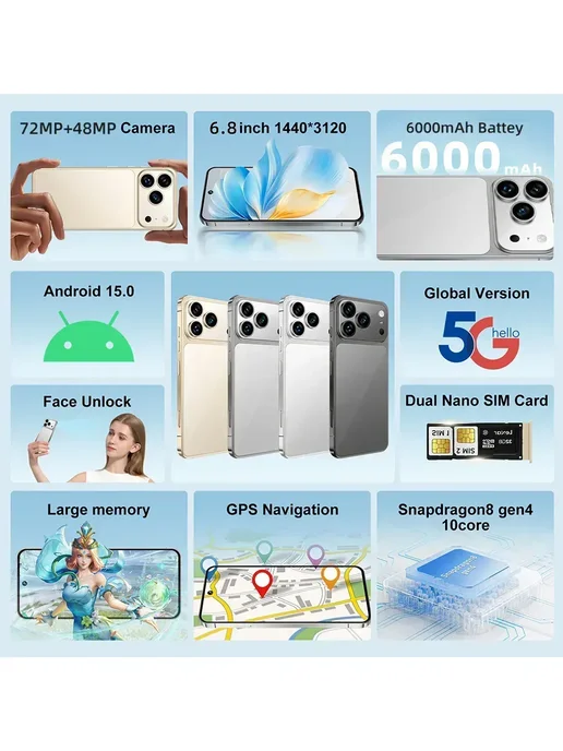 Смартфон Pro Max I17 Pro Max 16 ГБ, голубой, фото 2