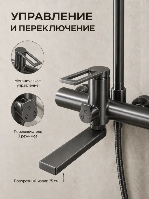 Душевая система 3 в 1 с тропическим душем графит, серый, фото 2