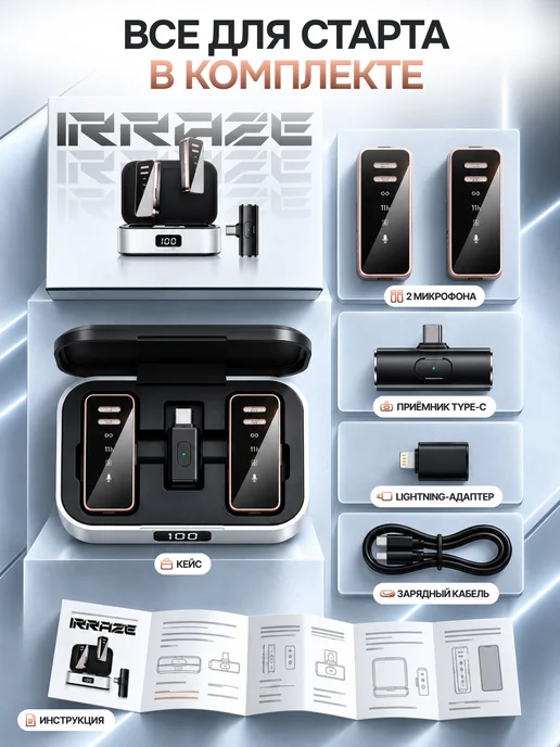 IRRAZE Микрофон петличный беспроводной для iPhone и Android 2 шт, 2 шт, фото 3