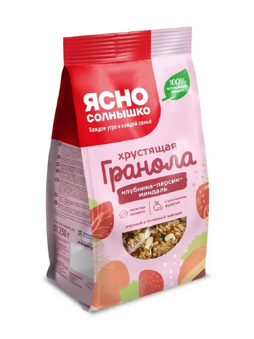 Ясно солнышко Гранола хрустящая Клубника-Персик-Миндаль 250 гр, 250 г, фото 2
