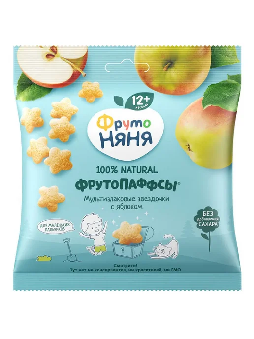 ФрутоНяня ФрутоПаффсы Мультизлаковые звездочки с яблоком 21г 2 шт, 4 шт, 21 г, фото 2