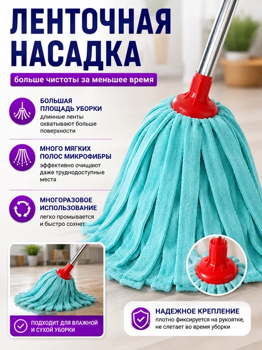 Насадка для швабры из микрофибры ленточная сменная 1шт, 1 шт, фото 3