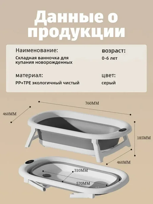 Ванночка детская складная с ковшом и градусником, белый, фото 2