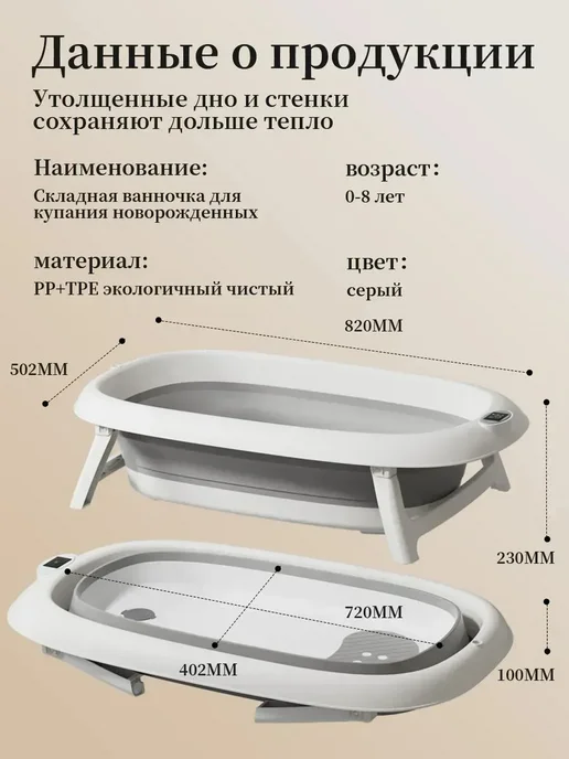 Intime plastic Детская ванночка складная 60 л с градусником, 60 л, фото 3