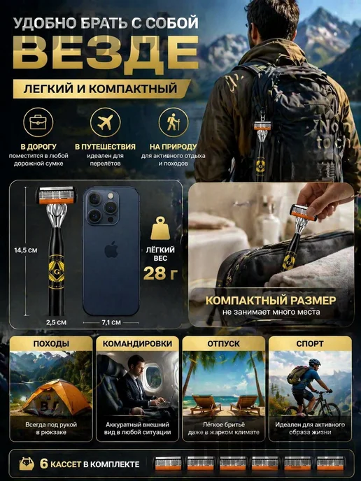 Мужская бритва шестилезвийная, 1 ручка + 12 кассет, вариант, фото 6