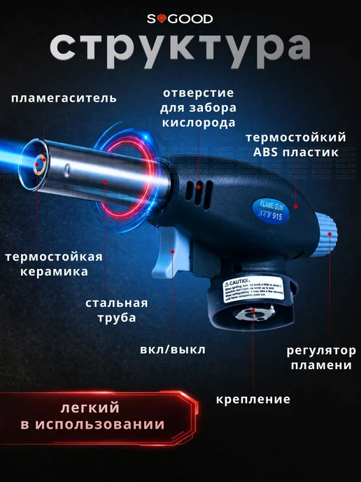 Газовая горелка с пьезоподжигом, насадка, черный, фото 4