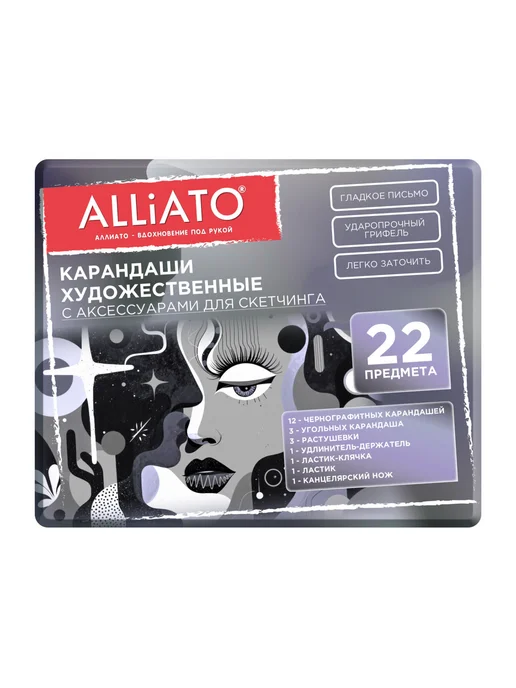 ALLIATO Карандаши художественные в наборе для скетчинга, 22 предмета, черный, фото 2