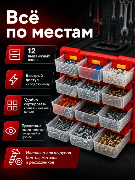Инстрапласт Ящик для инструментов х 25 см, 12 секц, 12 отд, черный, фото 4