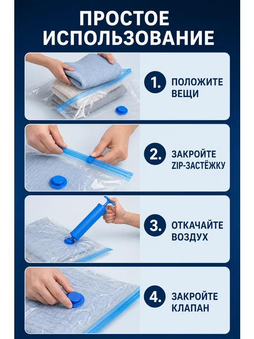 Вакуумные пакеты для хранения одежды 70×50 см, 5 шт, 70x50 см, 5 шт, фото 4