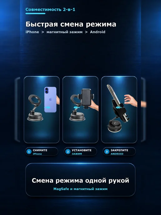магнитный держатель для телефона в автомобиль 2 в 1, вариант, фото 2