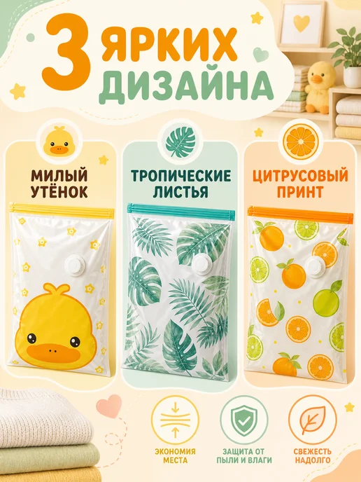Вакуумные пакеты с принтом Утёнок 100×70 см, 5 шт, 100x70 см, 5 шт, фото 2