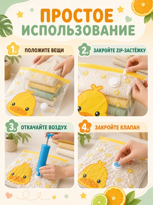 Вакуумные пакеты с принтом Утёнок 100×70 см, 5 шт, 100x70 см, 5 шт, фото 5