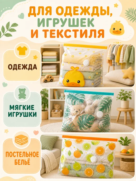 Вакуумные пакеты с принтом Утёнок 100×70 см, 5 шт, 100x70 см, 5 шт, фото 6