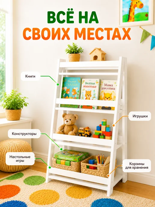 Solditrend Стеллаж детский для игрушек и книг деревянный, белый, фото 3