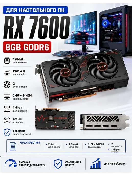 МоноблокAMD Radeon RX 7600 (8 Гб), черный матовый, 8 ГБ