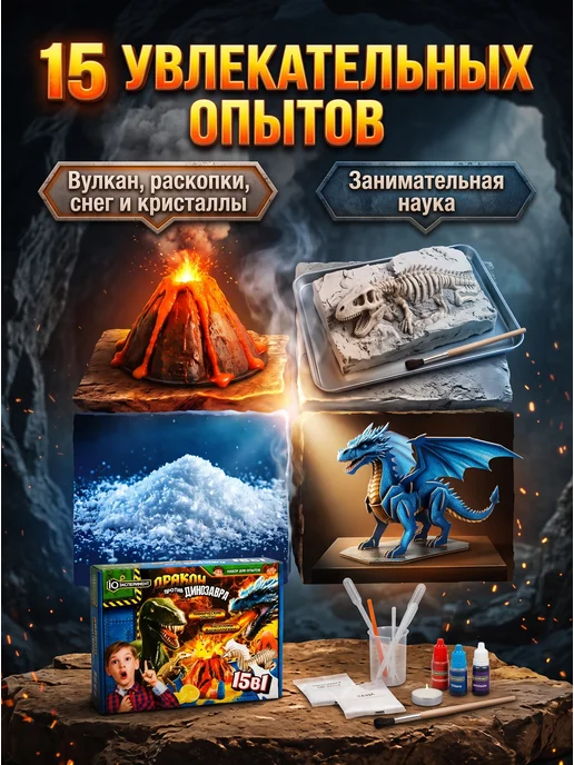 IQ Эксперимент Набор опытов 15 в 1 дракон против динозавра детям, вариант, фото 3