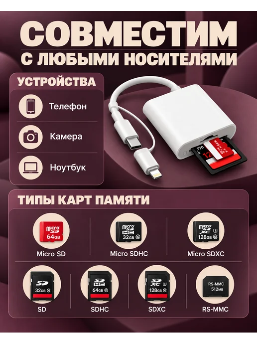 Bumi Картридер 5в1 USB microSD TF SD на Type-C lightning, вариант, фото 4