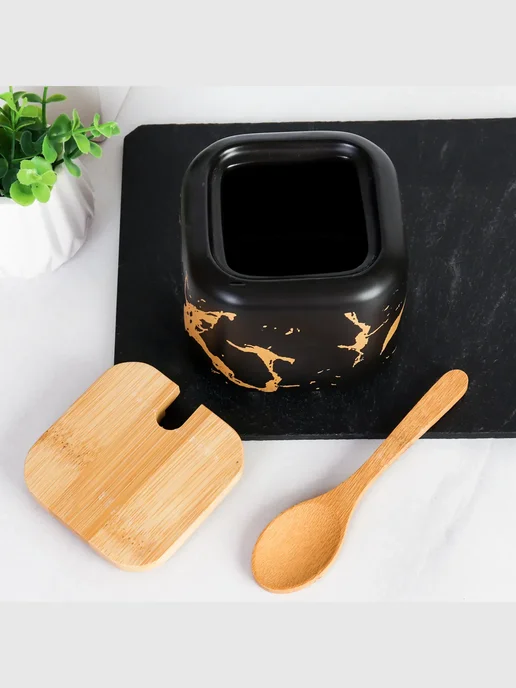 Банка для сыпучих продуктов сахарница с крышкой и ложкой, черный, фото 2