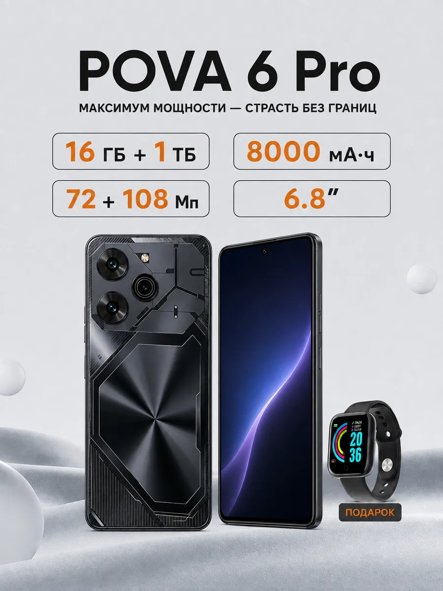 TECNO Смартфон POVA 6 Pro 16 + 1ГБ 8000 мАч Чёрный подарок