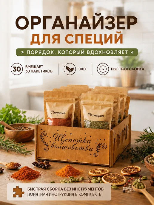 Органайзер кухонный деревянный для хранения специй и приправ, вариант