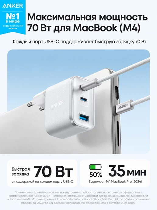 ANKER Сетевое зарядное устройство Nano A121A 70W USB + 2xUSB-C, 70 Вт, фото 2