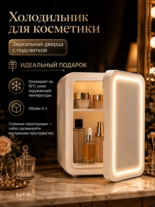 Мини-холодильник для косметики с зеркалом и подсветкой, белый, фото 2