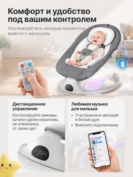 Электрокачели для новорожденных шезлонг качалка 3 в 1, серый, фото 5