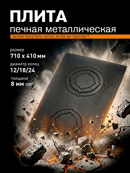 СИО-Metall-RB Плита печная чугунная с кочергой для печи П2-3 710х410мм, металлическая П2-3