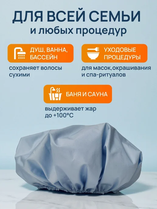 многоразовая тканевая шапочка для душа, голубой, фото 2