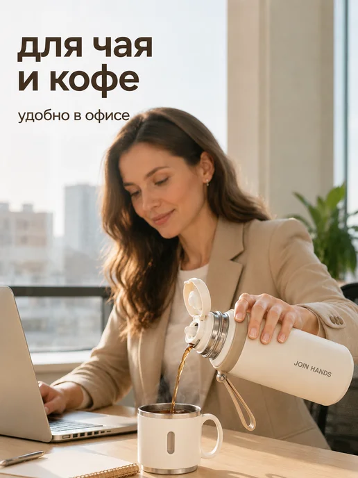 Термокружка 600 мл с крышкой-чашкой и ситечком, 600 мл, фото 3