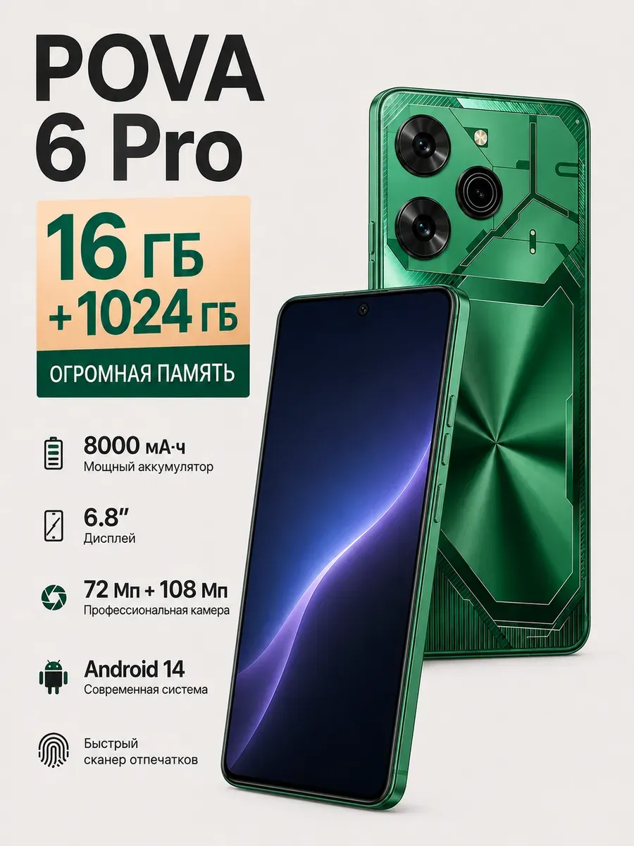 TECNO Смартфон POVA 6 Pro, Подарок Global 16+1024 ГБ 8000мАч