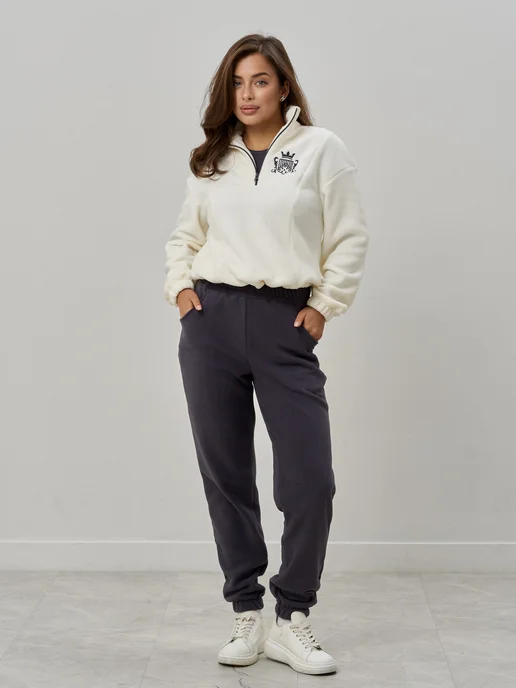On Style Флисовый спортивный костюм полузамок теплый, белый, фото 3