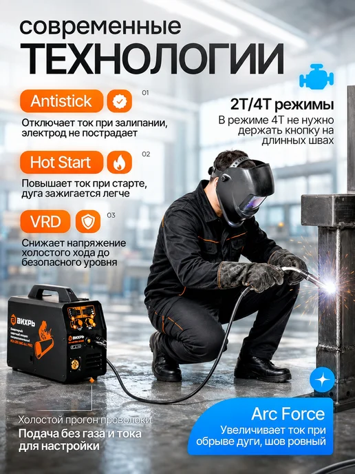 ВИХРЬ Сварочный полуавтомат инверторный ИСА-200 MIG 6в1 PRO, черный, фото 4