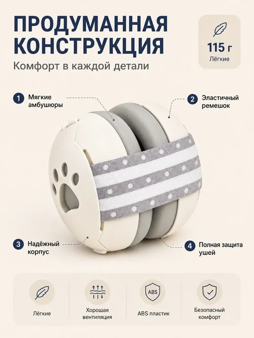 Детские защитные наушники от шума 0-4 лет SNR 24 дБ, белый, фото 3