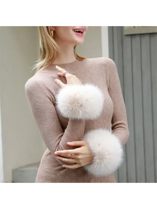 Манжеты из кроличьего меха, имитирующие мех лисы, коричневый, фото 3