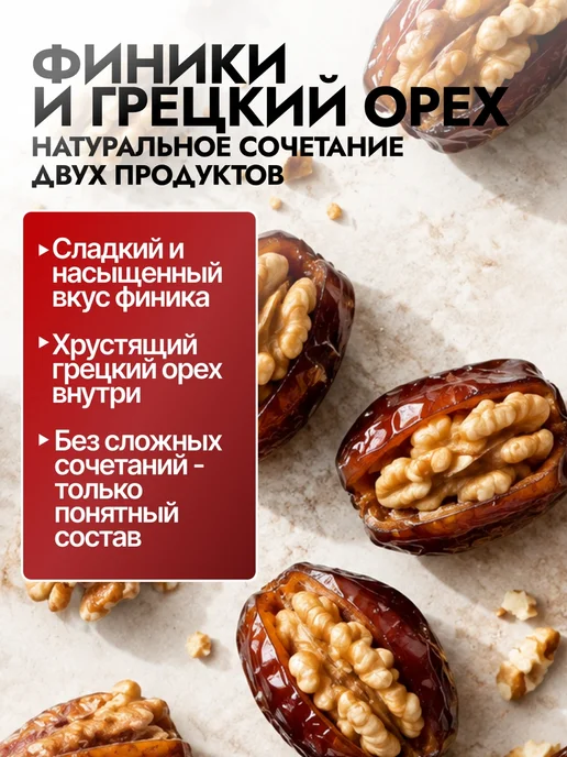 Финики с грецким орехом без сахара 300 гр, 300 г, фото 4