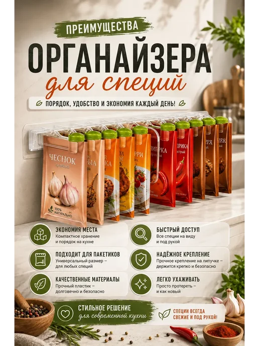 Султан09 Органайзер для специй настенный держатель пакетиков приправы, красный, фото 2