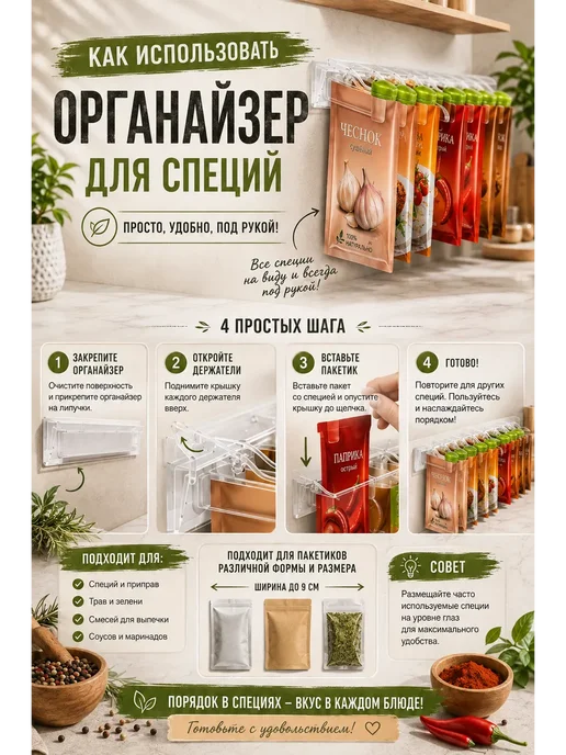 Султан09 Органайзер для специй настенный держатель пакетиков приправы, красный, фото 3