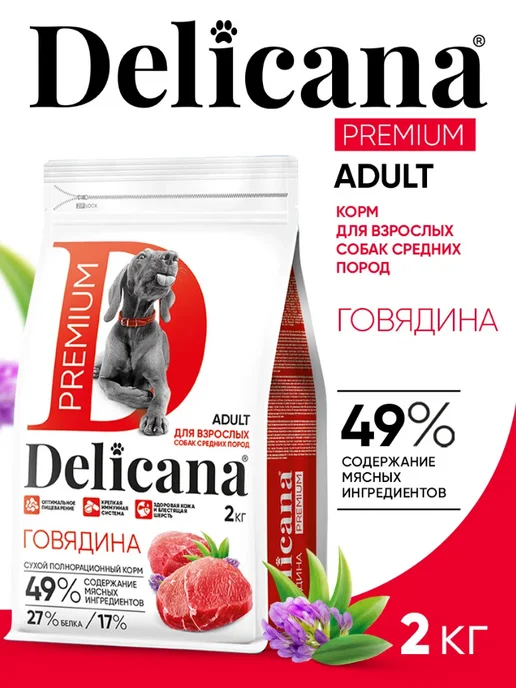 Сухой корм Delicana для собак, взрослые, средние, говядина, 2 кг