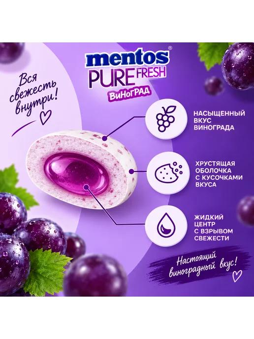 Mentos Жевательная резинка Ментос Pure Fresh виноград 54 г, 54 г, фото 2