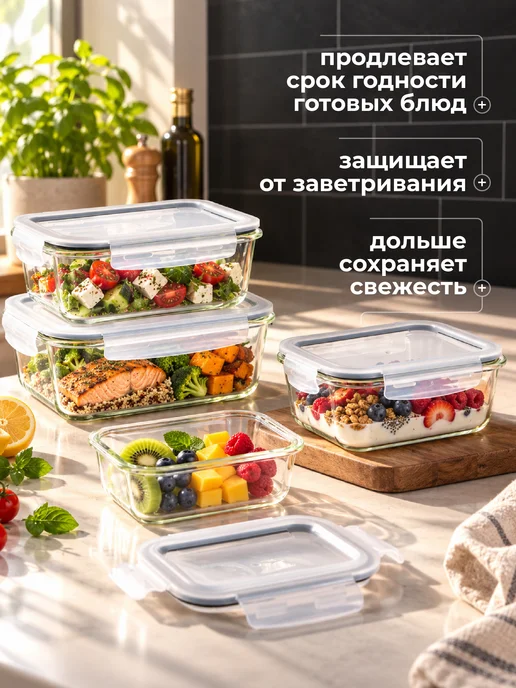 HITT Контейнер для еды стекло, герметичный с крышкой, набор 2 шт, 4 шт, фото 8